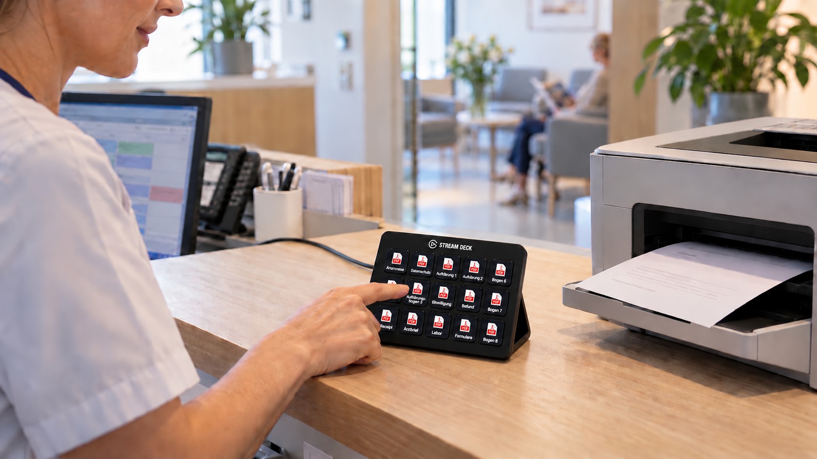 KI-Anwendungsszene: Mitarbeiterin drückt eine PDF-Formulartaste am Stream Deck mit sichtbarem USB-Kabel; der Drucker gibt ein Formular aus